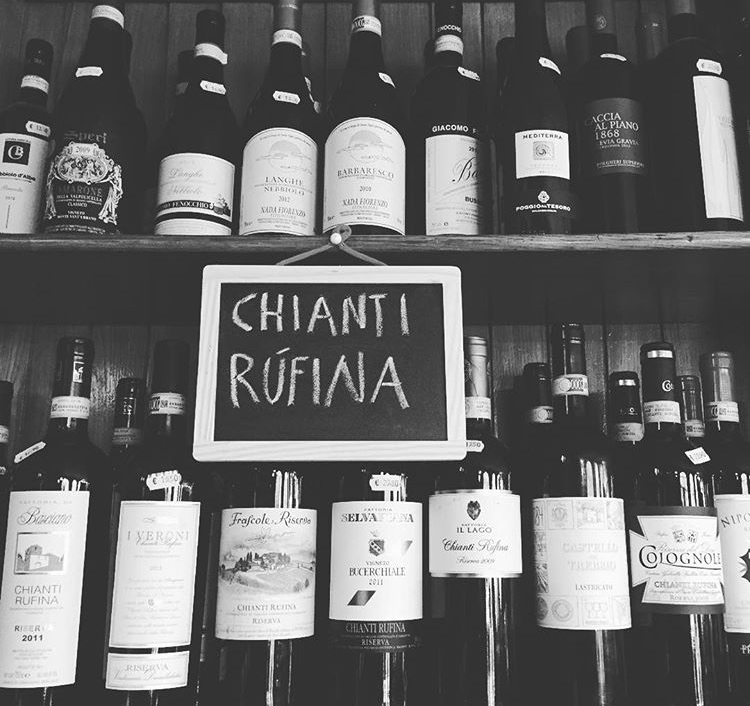The well-stocked Chianti Rufina wine corner at La Bottega a Rosano