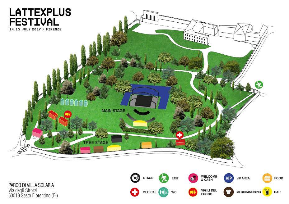 A map of LattexPlus Festival within the green setting of Villa Solaria