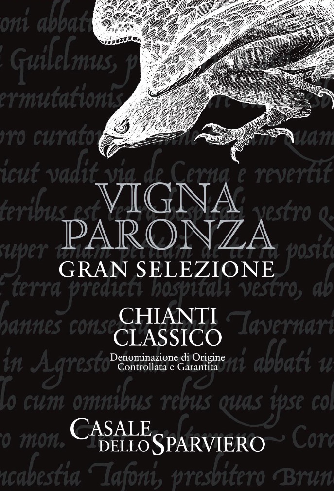 Wine label featuring the "sparviero", sparrowhawk bird that nests on the estate