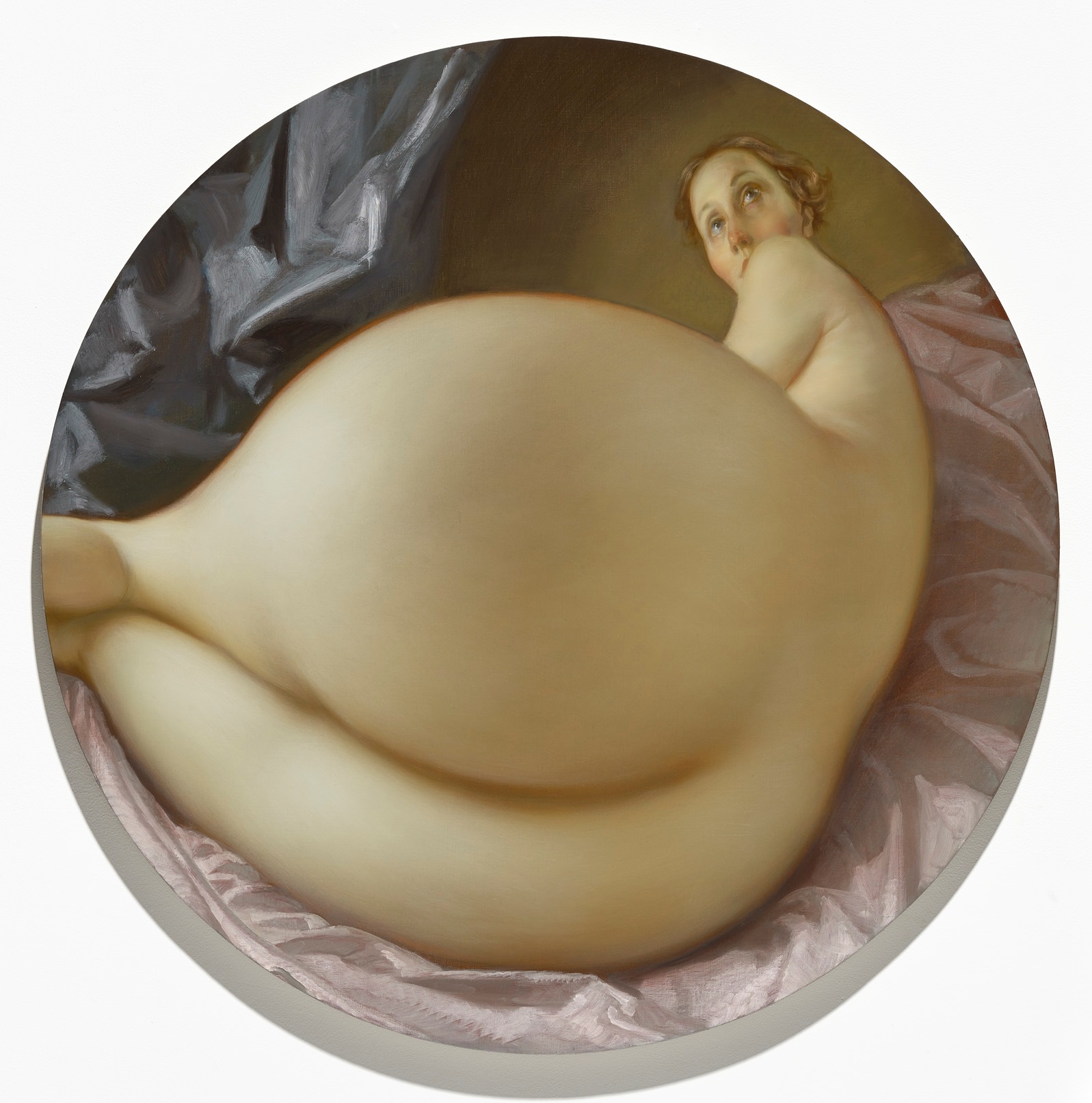 Nude in a Convex Mirror, 2015. Oil on canvas. Diameter: 42 inches. Private Collection. © John Currin. Courtesy Gagosian Gallery. Photography by Douglas M. Parker Studio