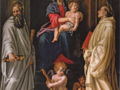 Madonna and Child enthroned with a musician angel between saints Benedict and Bernard, Pier Francesco Foschi