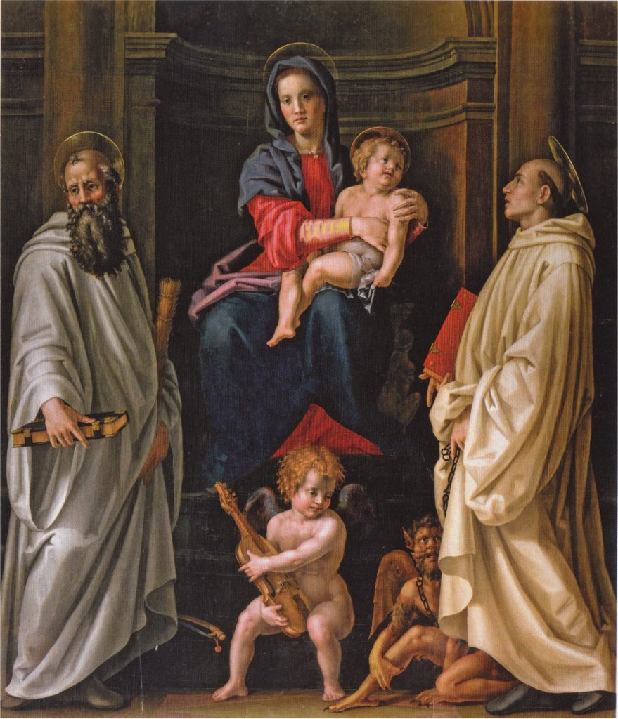 Madonna and Child enthroned with a musician angel between saints Benedict and Bernard, Pier Francesco Foschi