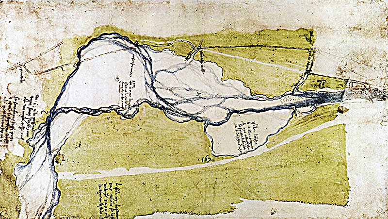 A drawing of the Arno to the west and downstream from Florence by Leonardo