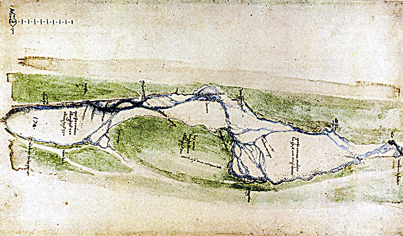A drawing of the Arno upstream from Florence between the Affrico and Mensola torrents by Leonardo